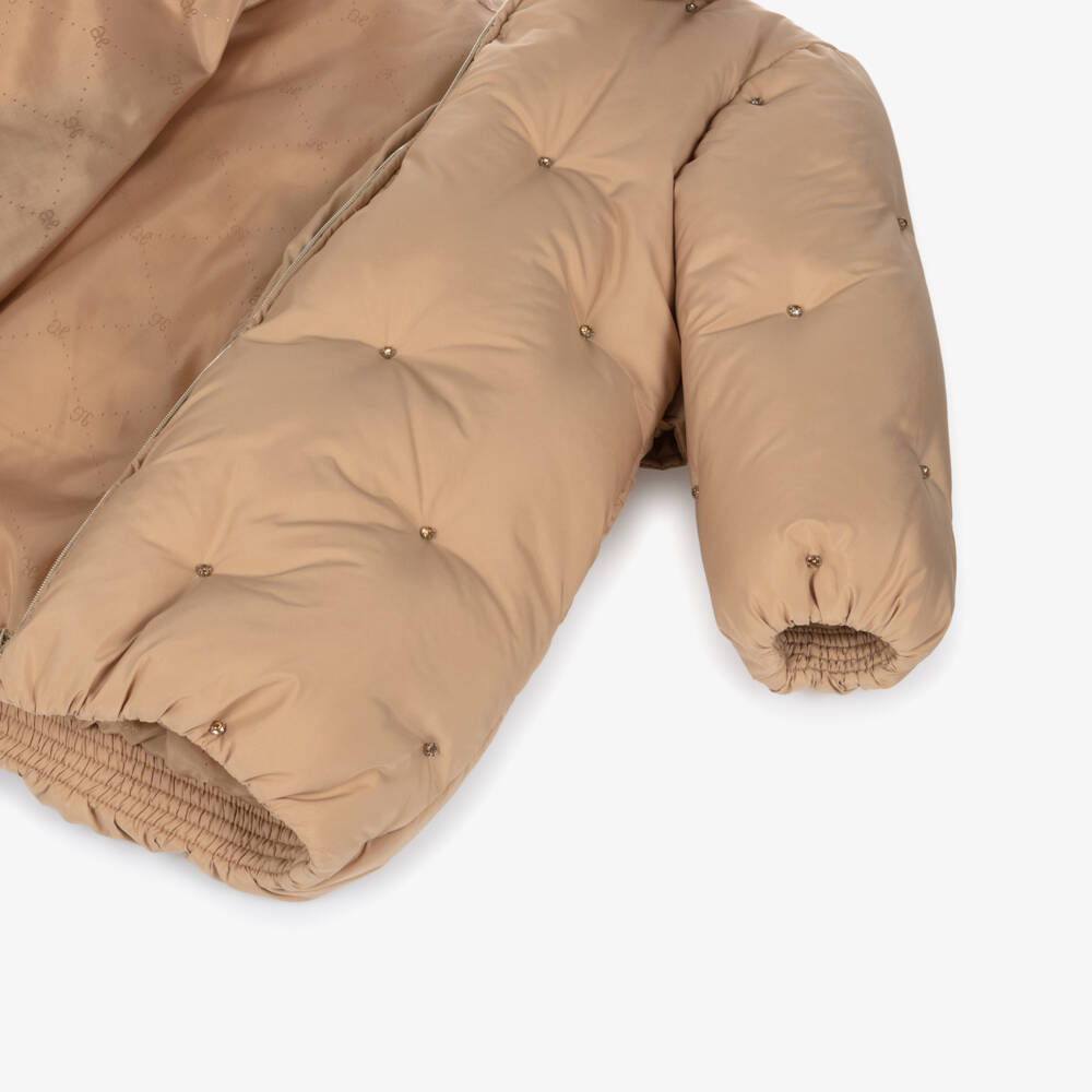 Abel & Lula-Girls Beige Padded Coat with Rhinestones | Childrensalon