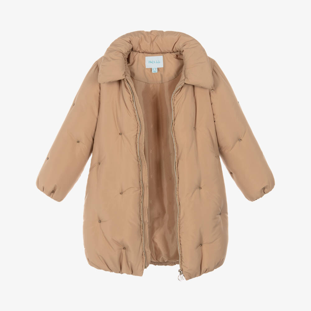 Abel & Lula-Girls Beige Padded Coat with Rhinestones | Childrensalon