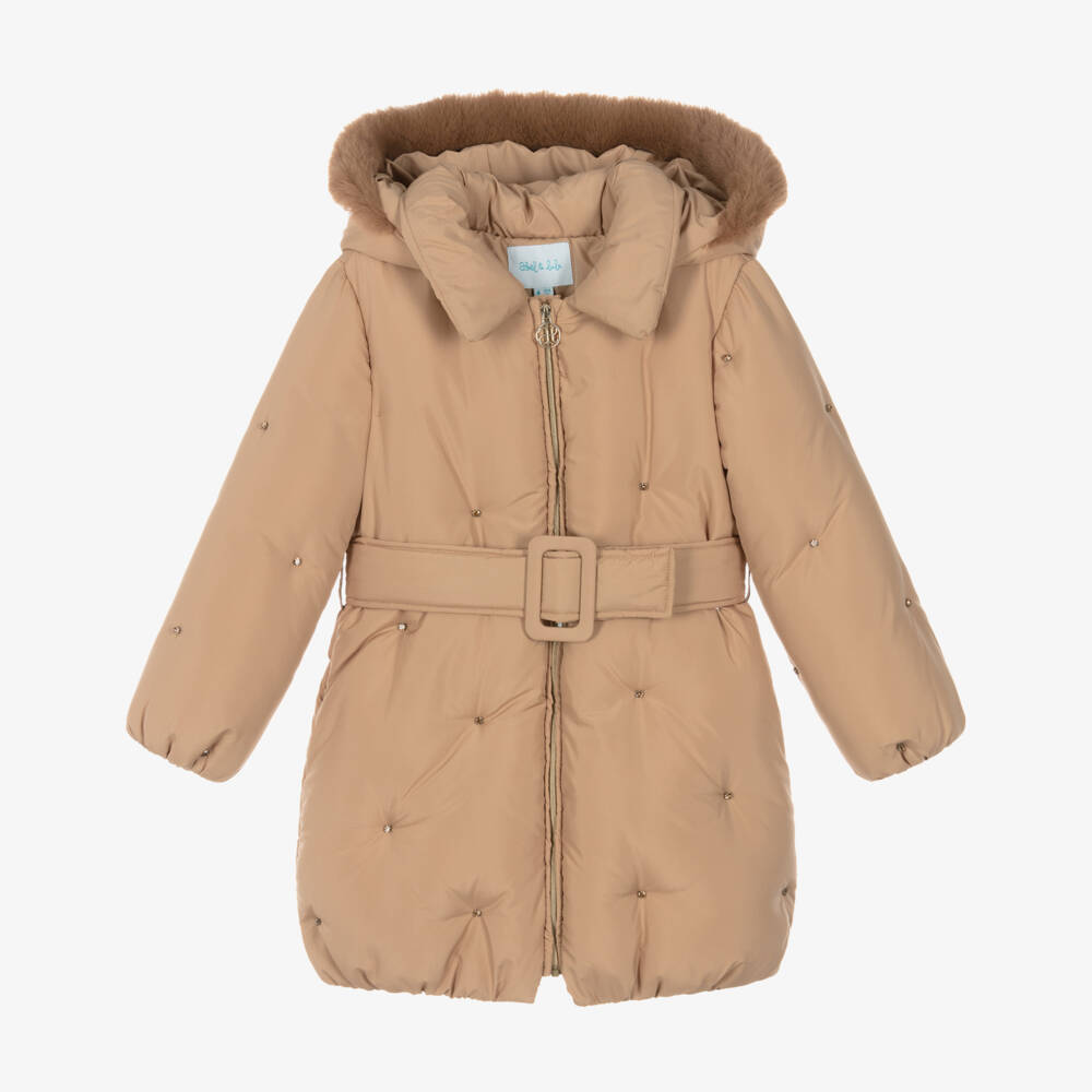 Abel & Lula-Girls Beige Padded Coat with Rhinestones | Childrensalon