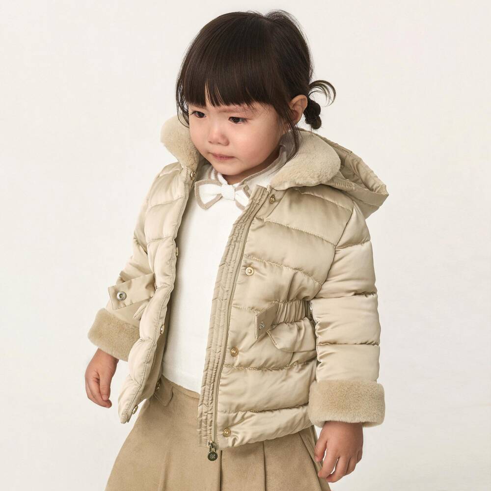 Abel & Lula-Girls Beige Puffer Hooded Jacket | Childrensalon