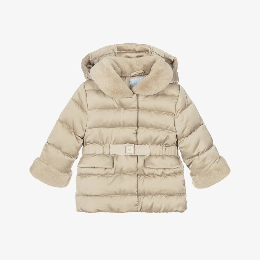 Abel & Lula-Girls Beige Puffer Hooded Jacket | Childrensalon