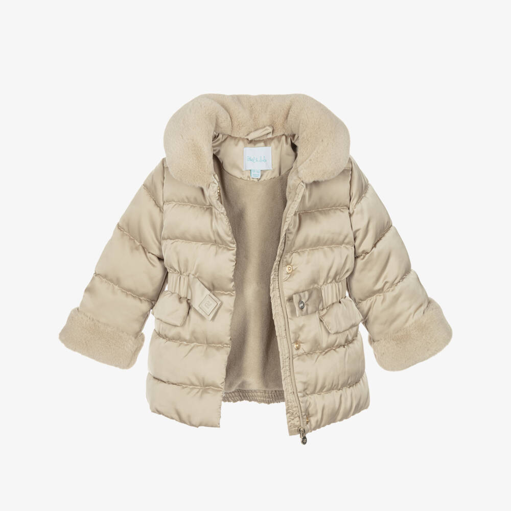 Abel & Lula-Girls Beige Puffer Hooded Jacket | Childrensalon