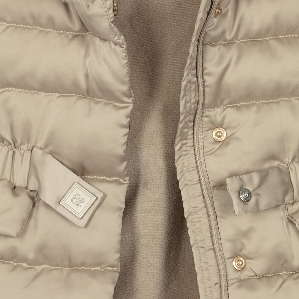 Abel & Lula-Girls Beige Puffer Hooded Jacket | Childrensalon