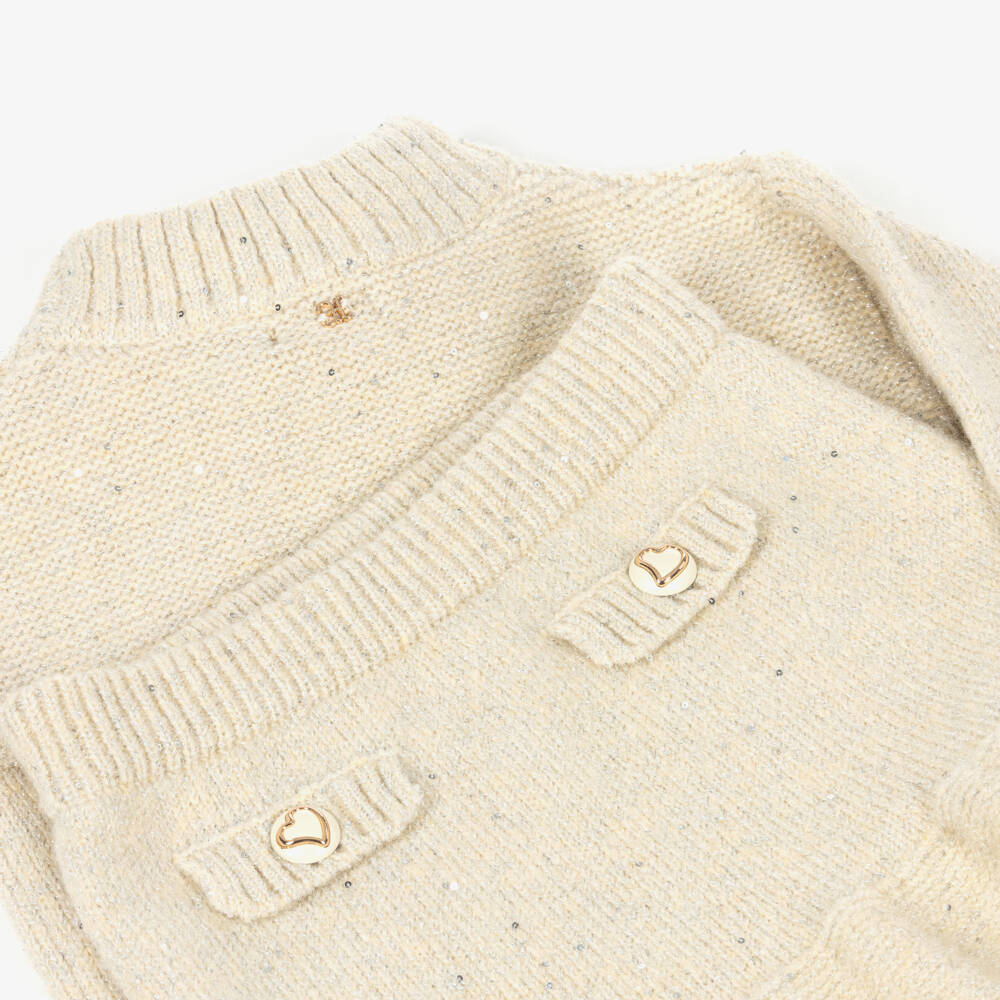 Abel & Lula-Girls Beige & Silver Sequin Knit Skirt Set | Childrensalon