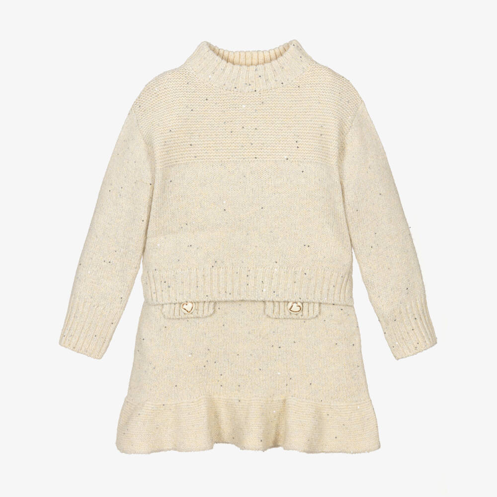 Abel & Lula-Girls Beige & Silver Sequin Knit Skirt Set | Childrensalon