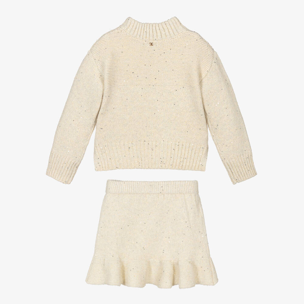 Abel & Lula-Girls Beige & Silver Sequin Knit Skirt Set | Childrensalon
