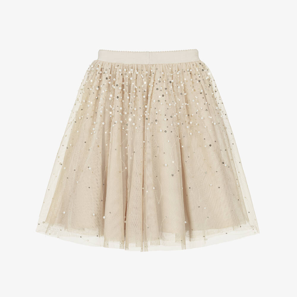 Abel & Lula-Girls Beige Tulle Skirt with Pearls & Sequins | Childrensalon