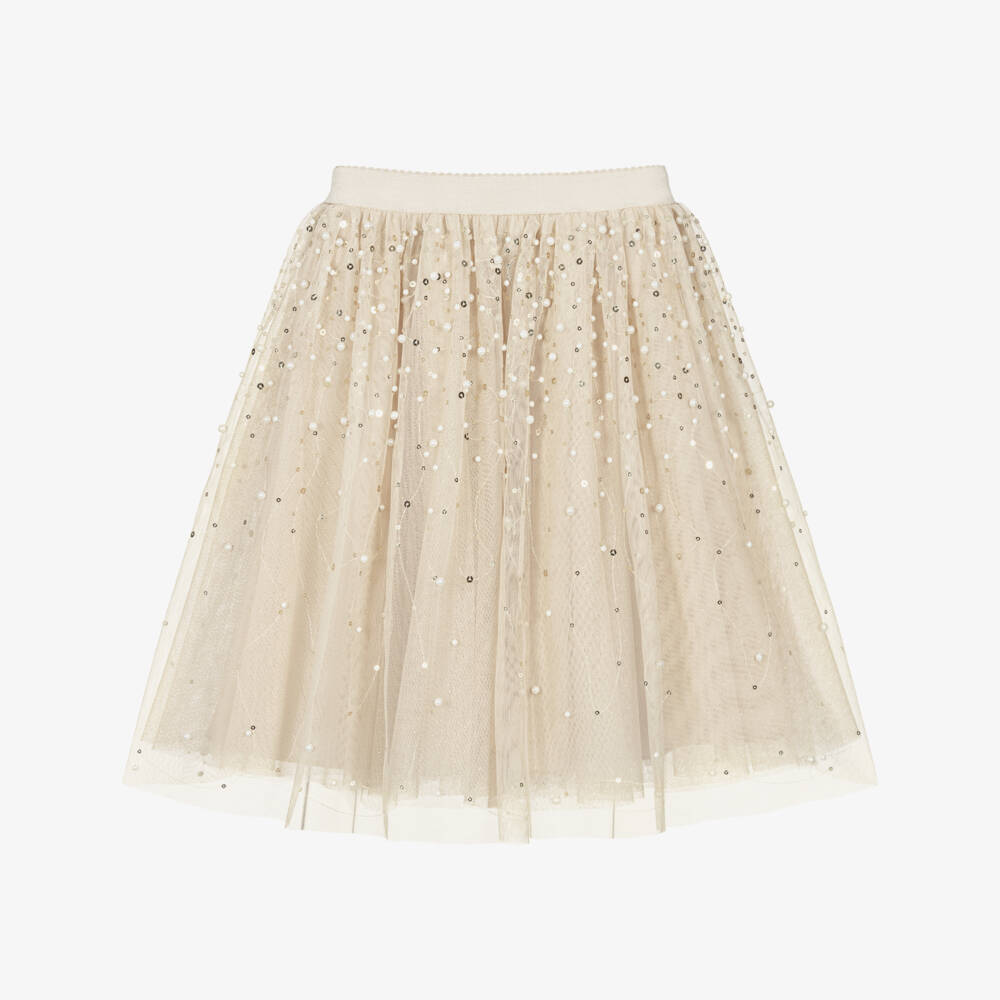 Abel & Lula-Girls Beige Tulle Skirt with Pearls & Sequins | Childrensalon
