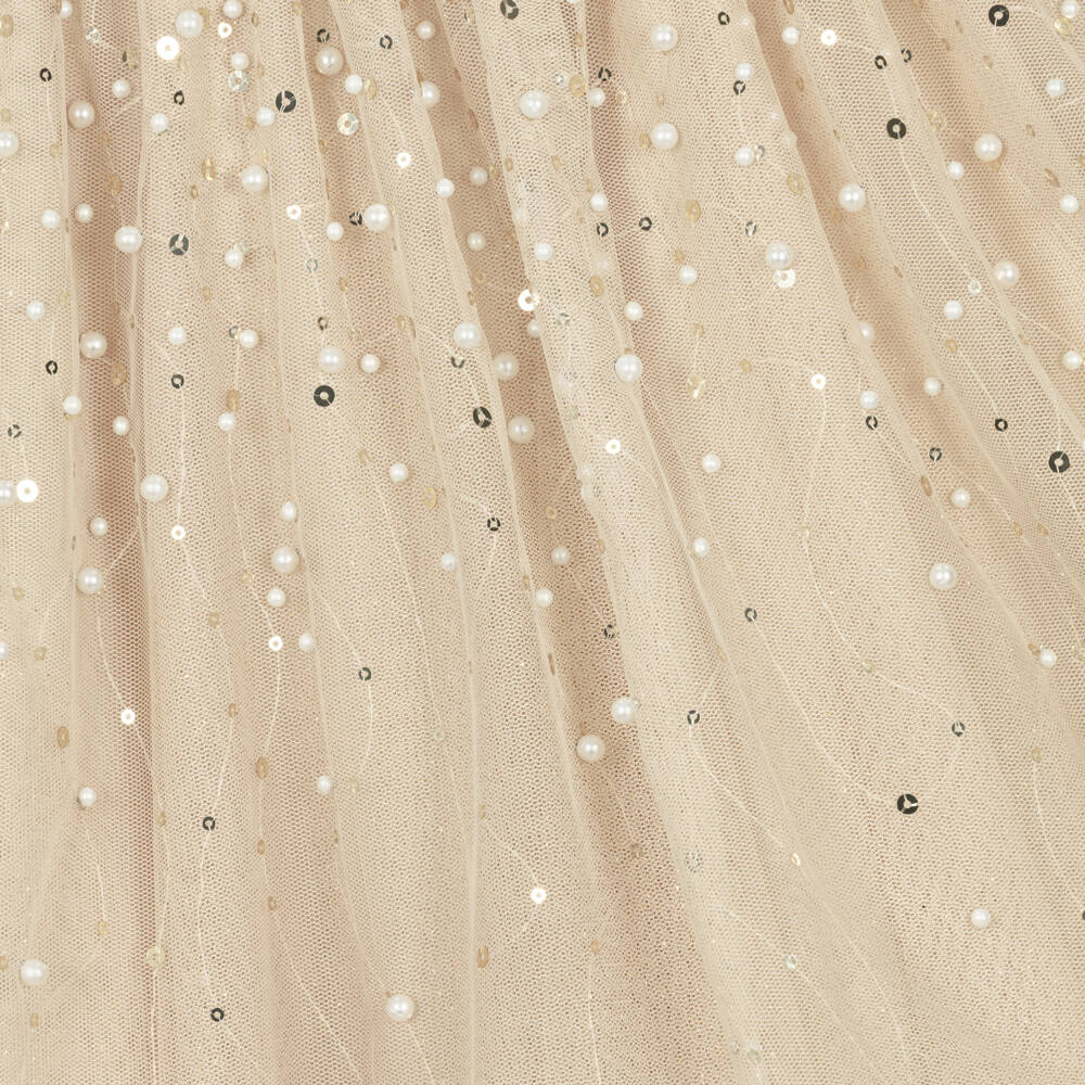 Abel & Lula-Girls Beige Tulle Skirt with Pearls & Sequins | Childrensalon