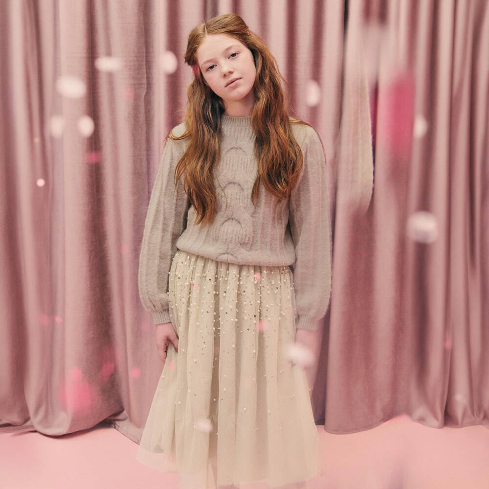 Abel & Lula-Girls Beige Tulle Skirt with Pearls & Sequins | Childrensalon