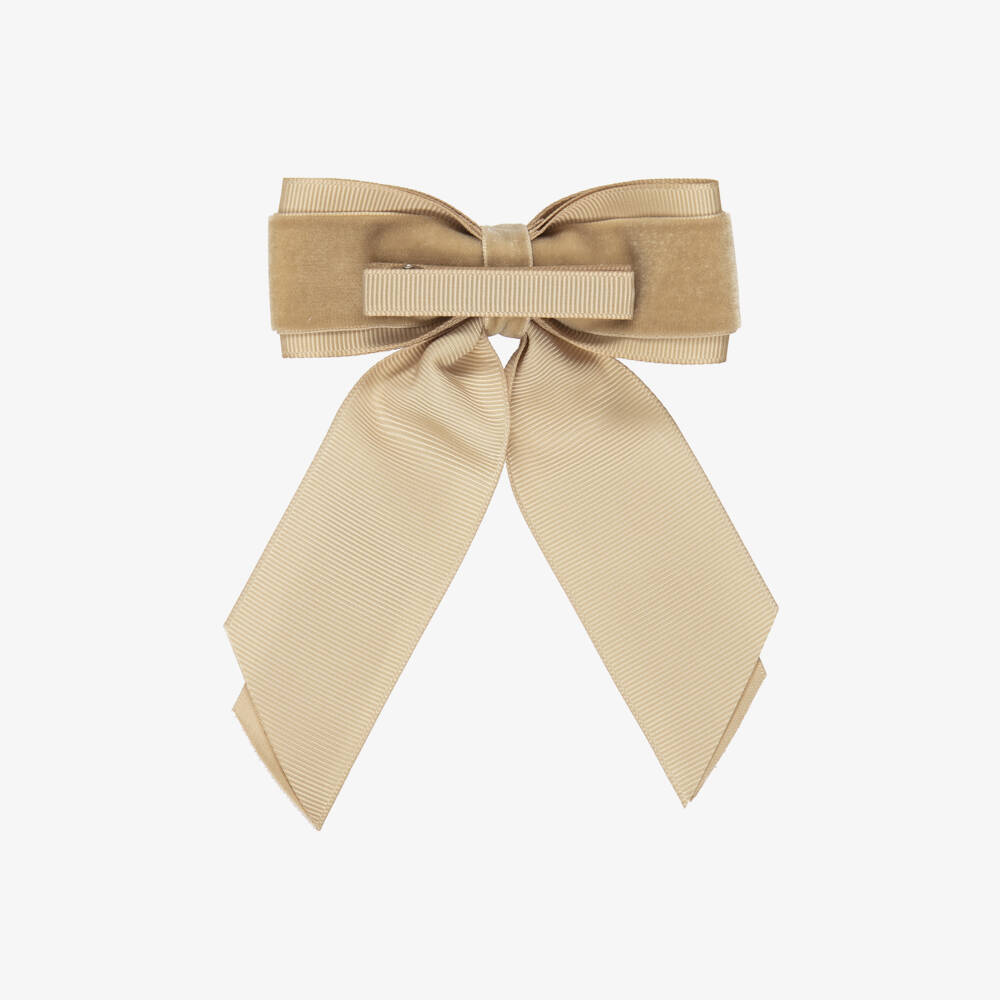 Abel & Lula-Girls Beige Velvet & Grosgrain Bow Clip (10cm) | Childrensalon