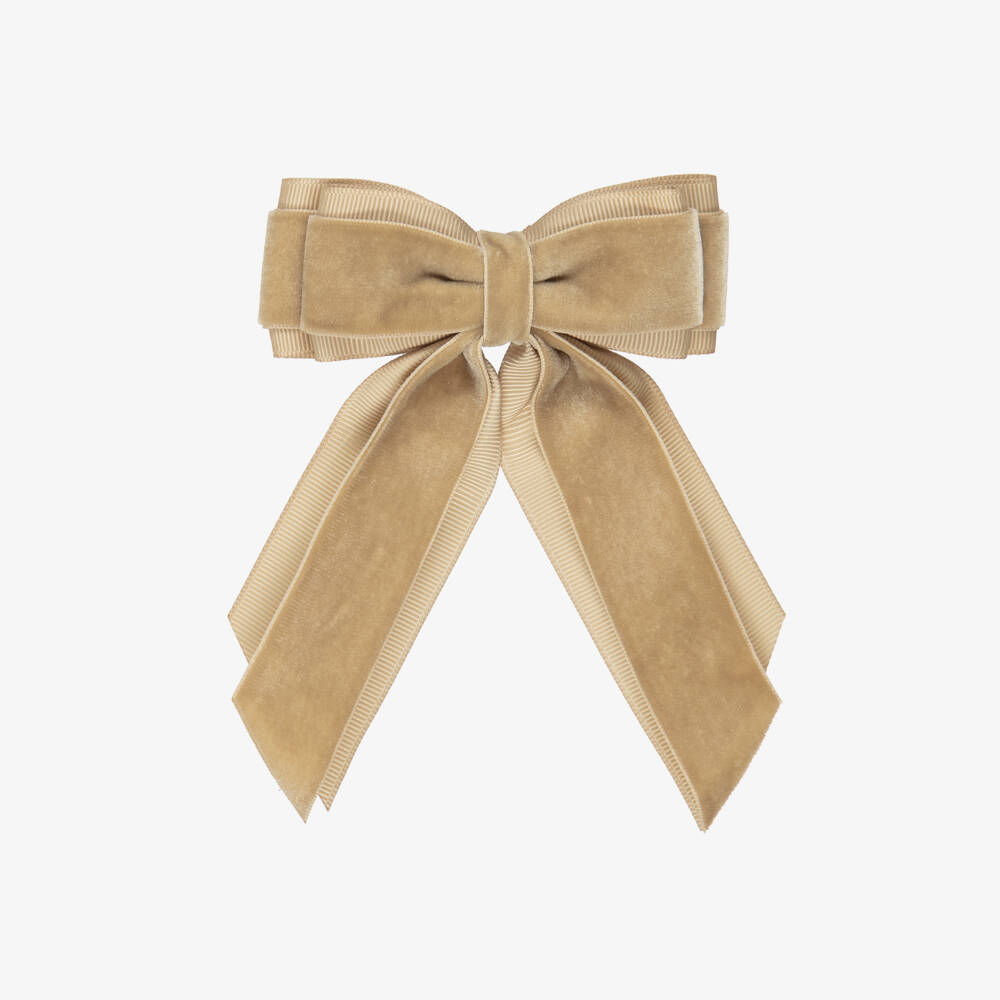 Abel & Lula-Girls Beige Velvet & Grosgrain Bow Clip (10cm) | Childrensalon