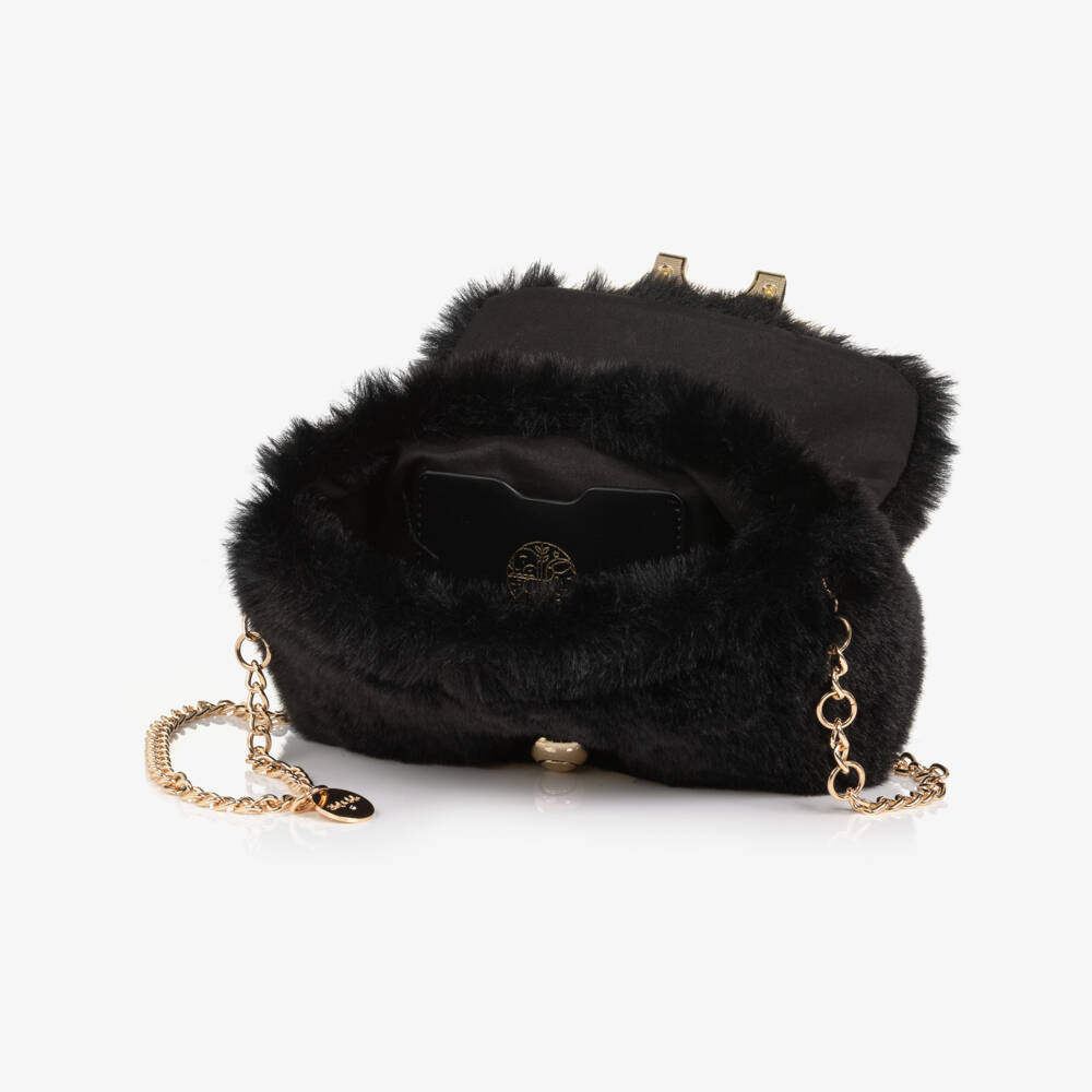 Abel & Lula-Girls Black Faux Fur Shoulder Bag (21cm) | Childrensalon