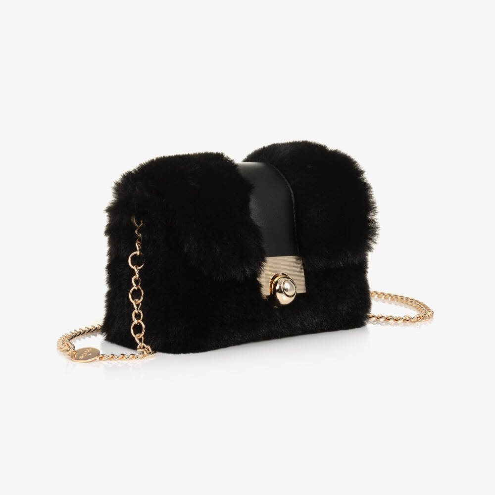 Abel & Lula-Girls Black Faux Fur Shoulder Bag (21cm) | Childrensalon