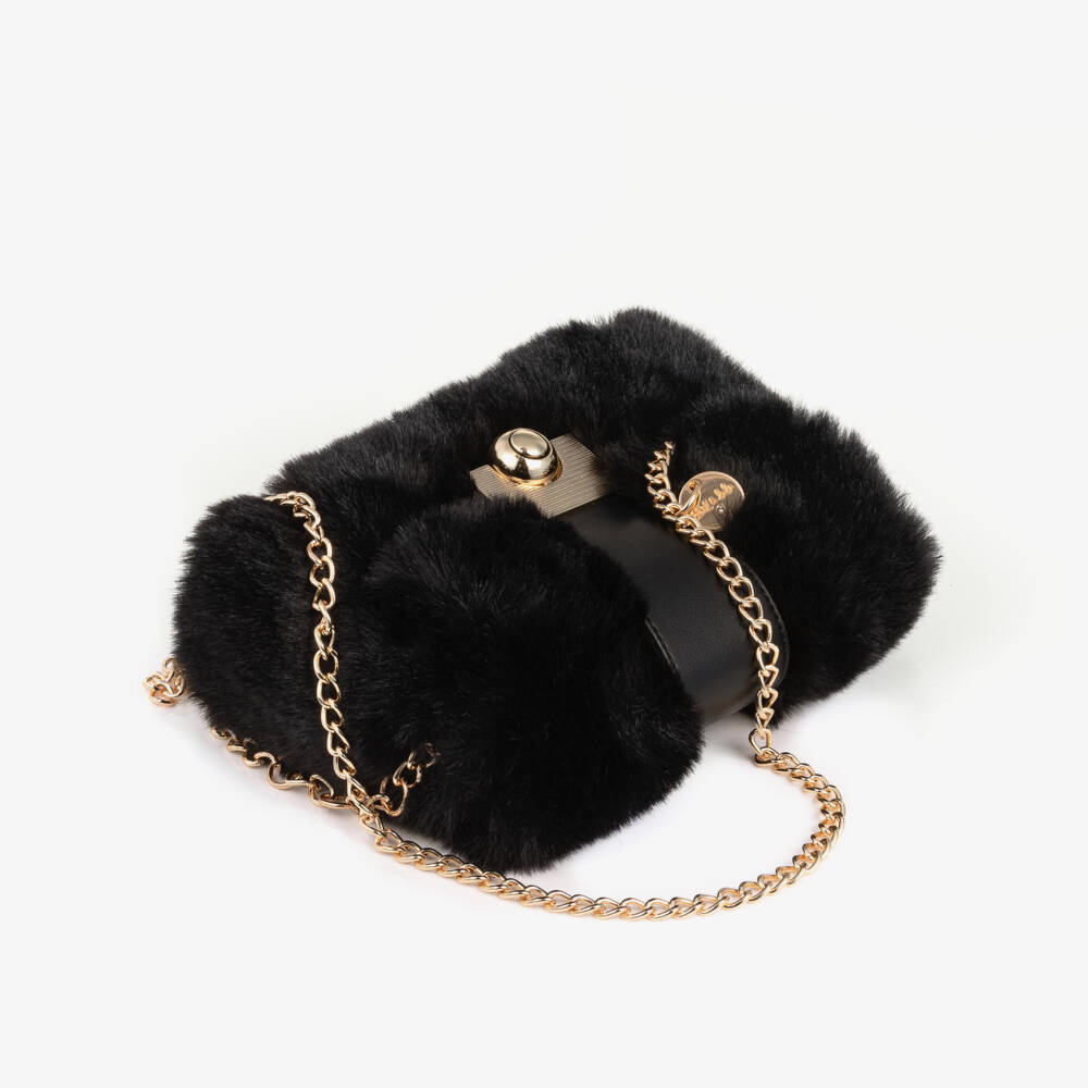 Abel & Lula-Girls Black Faux Fur Shoulder Bag (21cm) | Childrensalon