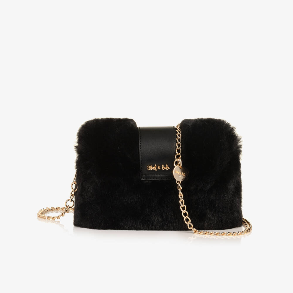 Abel & Lula-Girls Black Faux Fur Shoulder Bag (21cm) | Childrensalon