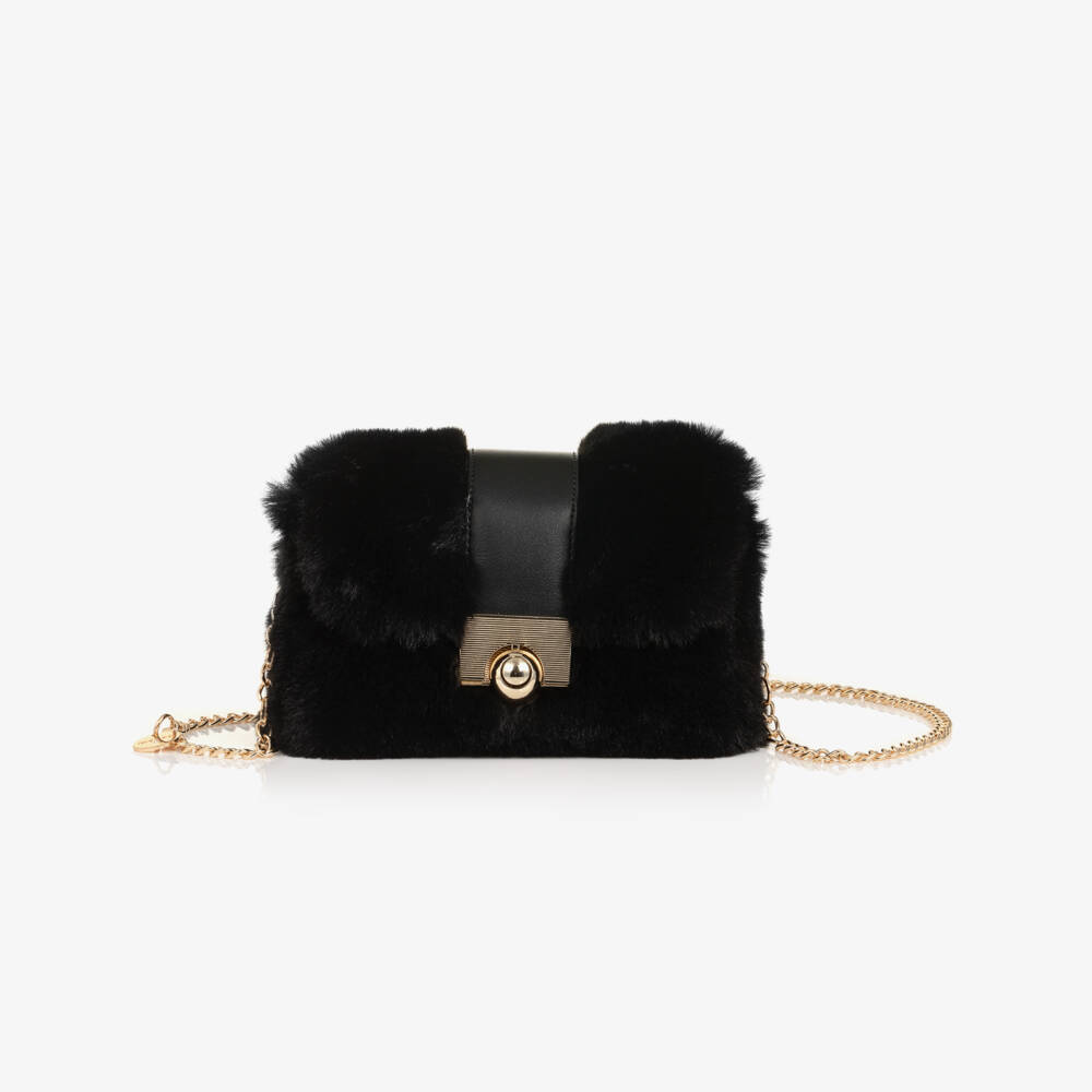 Abel & Lula-Girls Black Faux Fur Shoulder Bag (21cm) | Childrensalon
