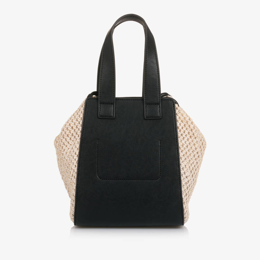 Abel & Lula-Girls Black Faux Leather & Beige Raffia Handbag (20cm) | Childrensalon