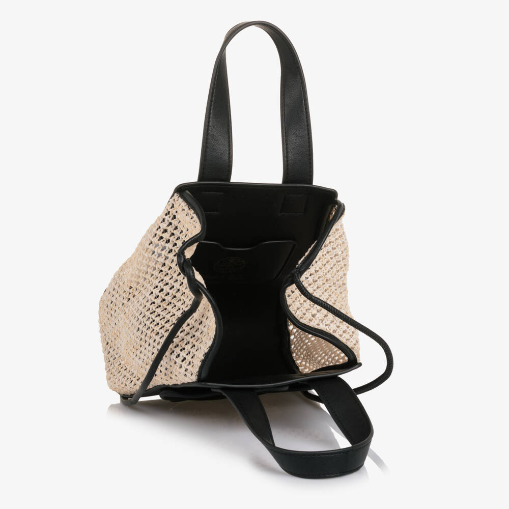 Abel & Lula-Girls Black Faux Leather & Beige Raffia Handbag (20cm) | Childrensalon