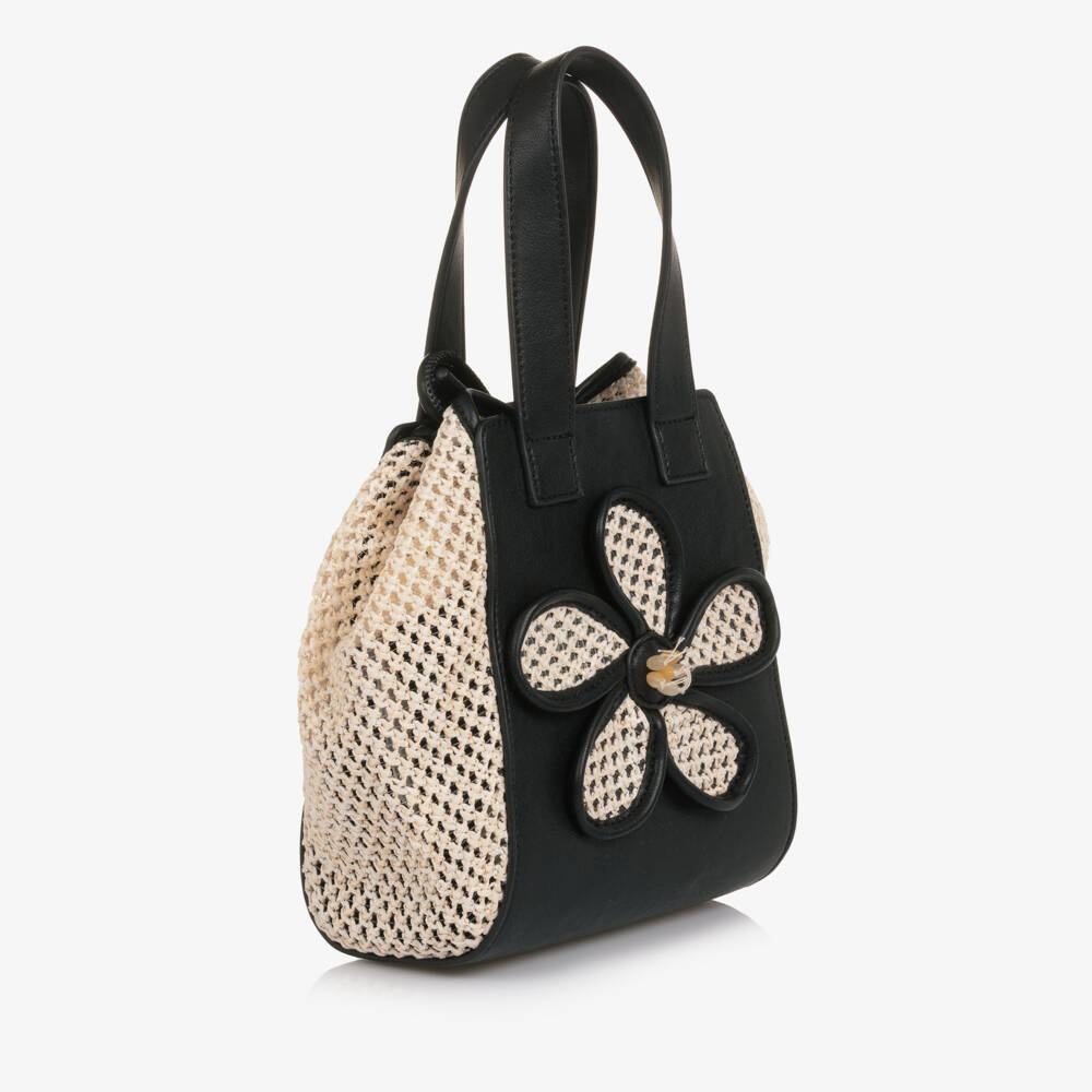 Abel & Lula-Girls Black Faux Leather & Beige Raffia Handbag (20cm) | Childrensalon