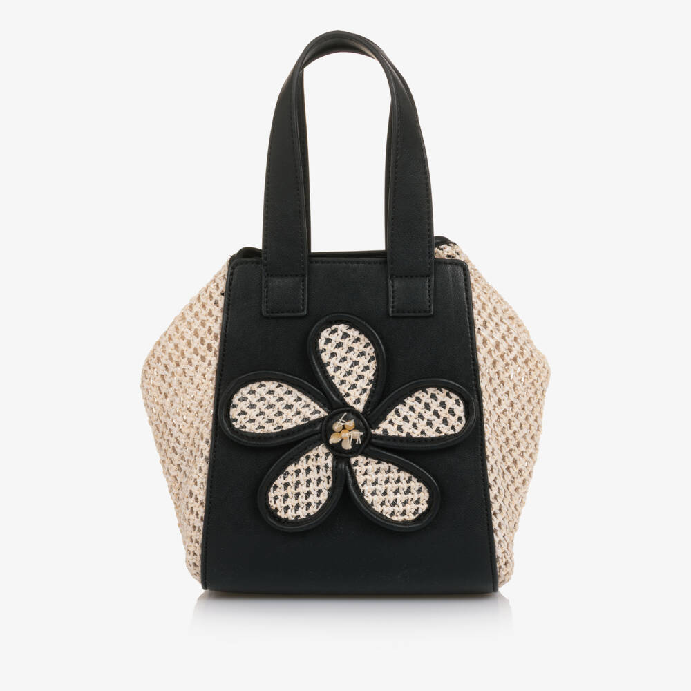 Abel & Lula-Girls Black Faux Leather & Beige Raffia Handbag (20cm) | Childrensalon