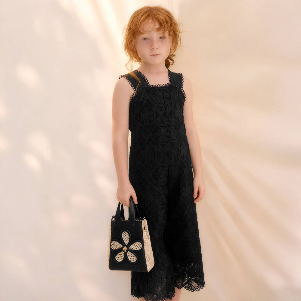 Abel & Lula-Girls Black Floral Crochet Lace Jumpsuit | Childrensalon
