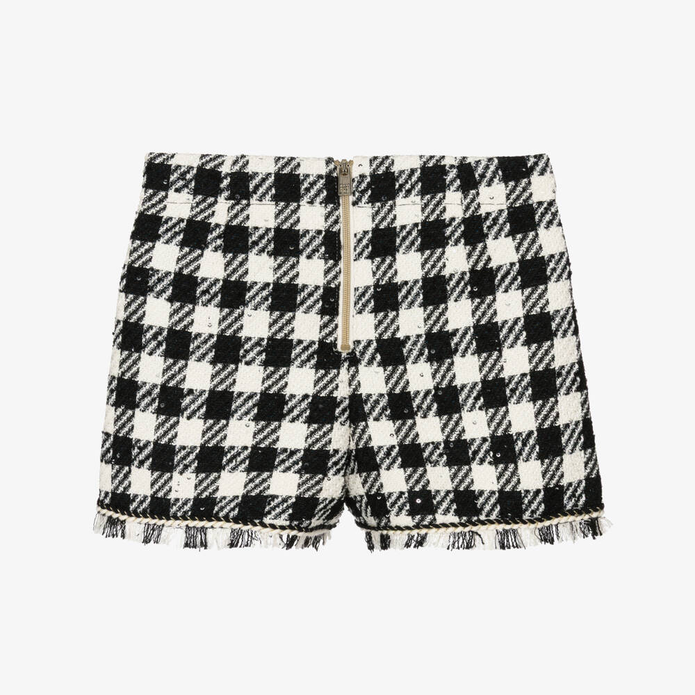 Abel & Lula-Girls Black & Ivory Houndstooth Tweed Shorts | Childrensalon