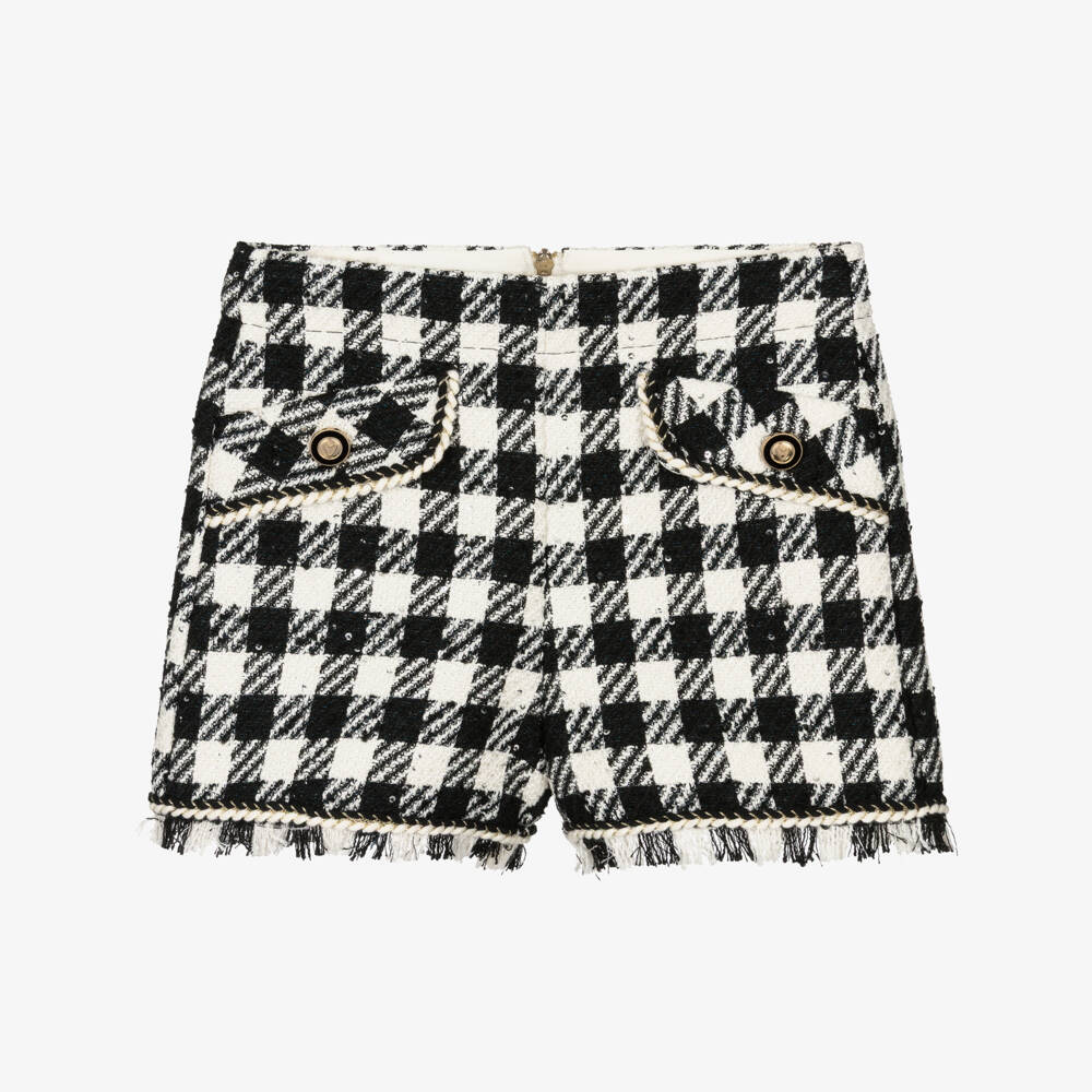 Abel & Lula-Girls Black & Ivory Houndstooth Tweed Shorts | Childrensalon