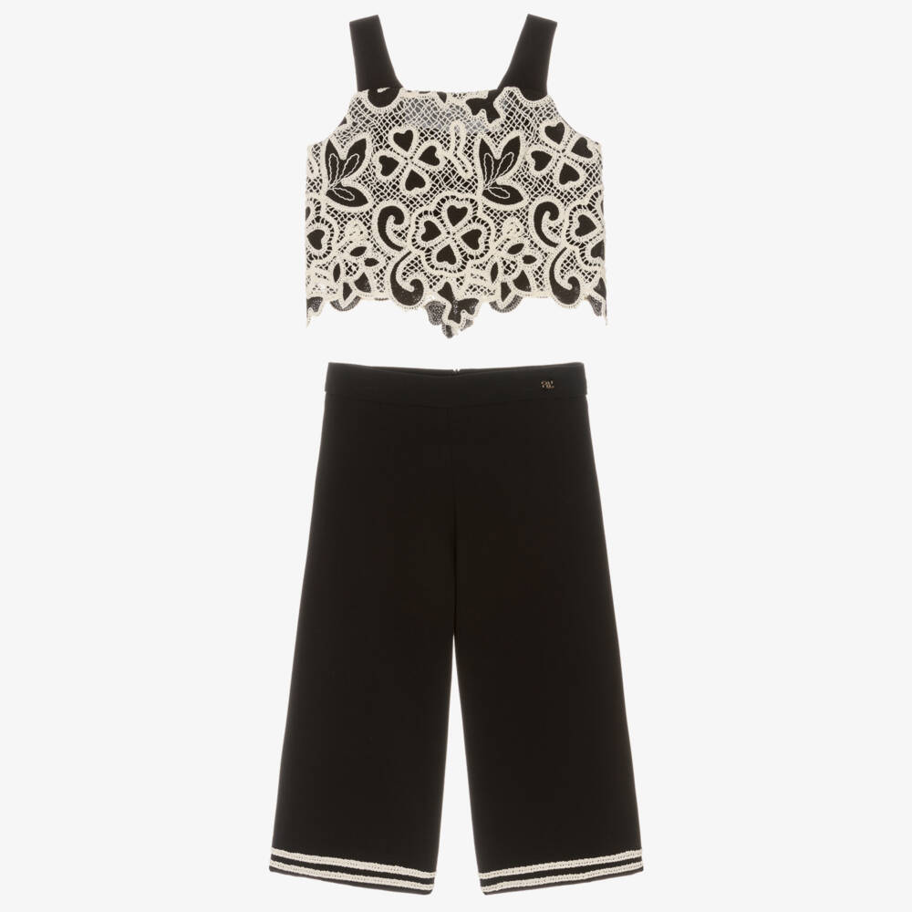 Abel & Lula-Girls Black & Ivory Lace Trouser Set | Childrensalon