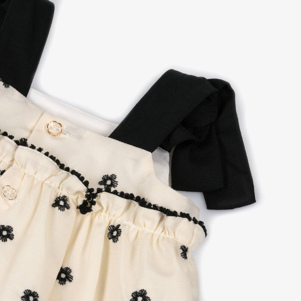 Abel & Lula-Girls Black & Ivory Shorts Set with Embroidered Flowers | Childrensalon