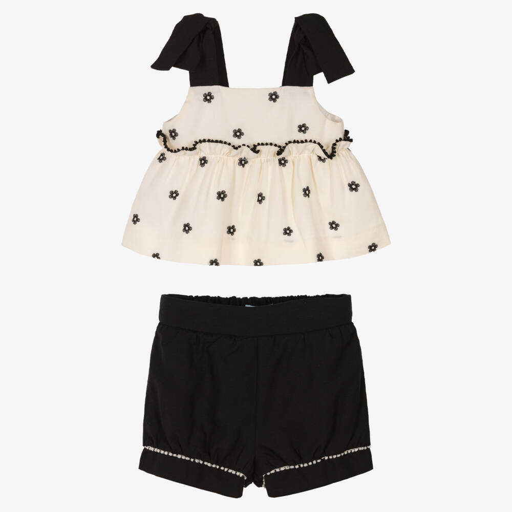 Abel & Lula-Girls Black & Ivory Shorts Set with Embroidered Flowers | Childrensalon