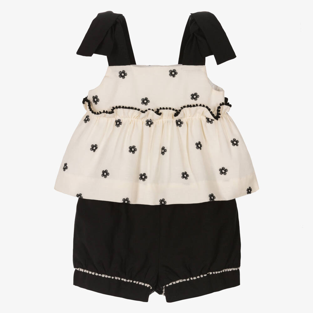Abel & Lula-Girls Black & Ivory Shorts Set with Embroidered Flowers | Childrensalon