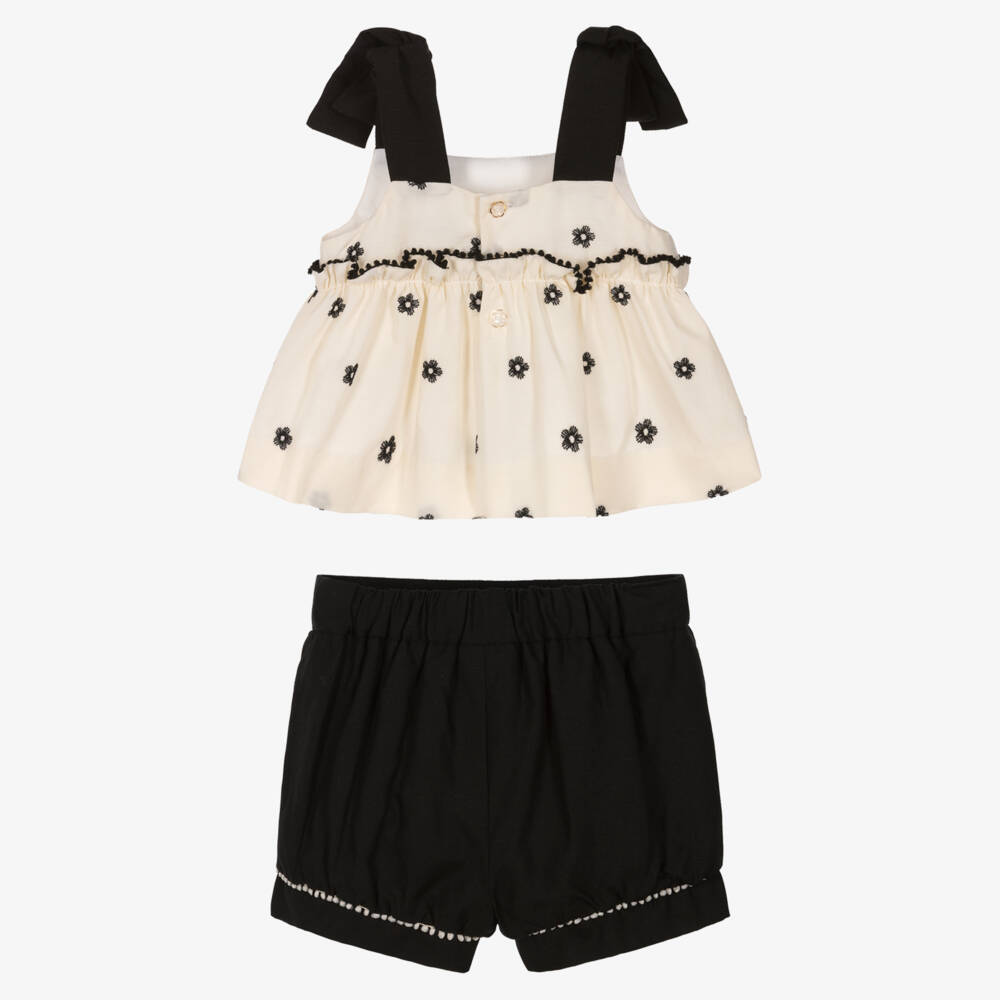 Abel & Lula-Girls Black & Ivory Shorts Set with Embroidered Flowers | Childrensalon