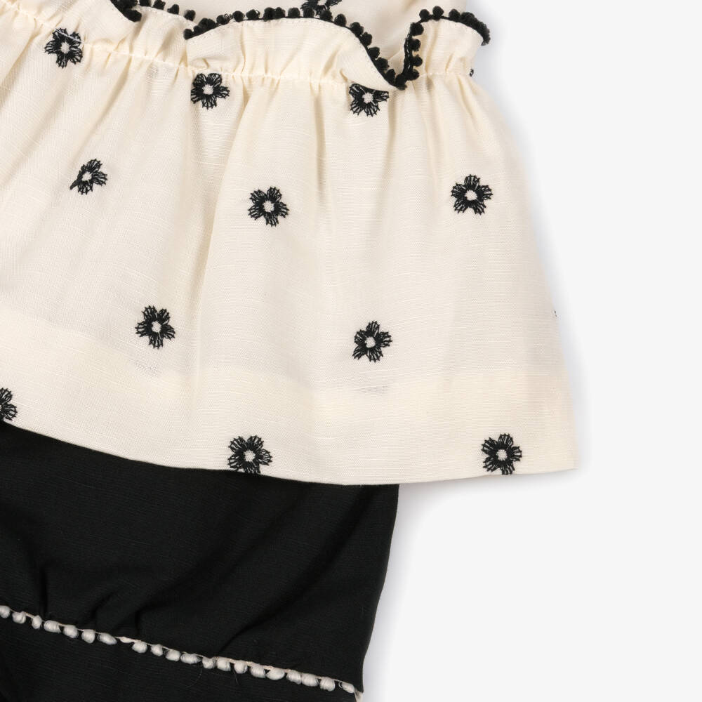 Abel & Lula-Girls Black & Ivory Shorts Set with Embroidered Flowers | Childrensalon