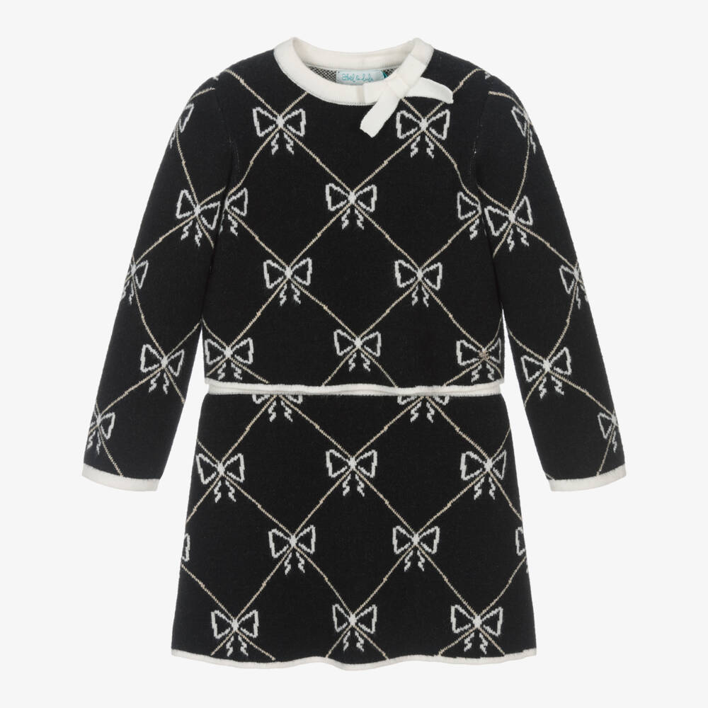 Abel & Lula-Girls Black Knitted Skirt Set with Bow Pattern | Childrensalon