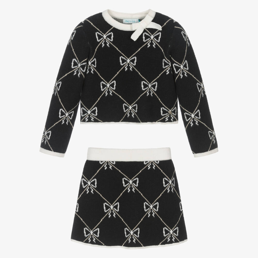 Abel & Lula-Girls Black Knitted Skirt Set with Bow Pattern | Childrensalon
