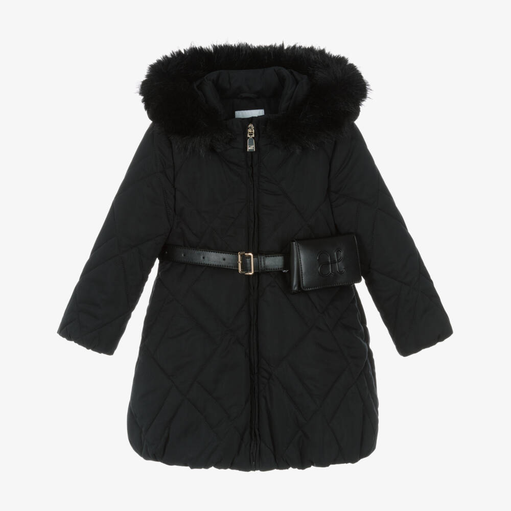 Abel & Lula-Girls Black Quilted Coat with Belt Bag | Childrensalon