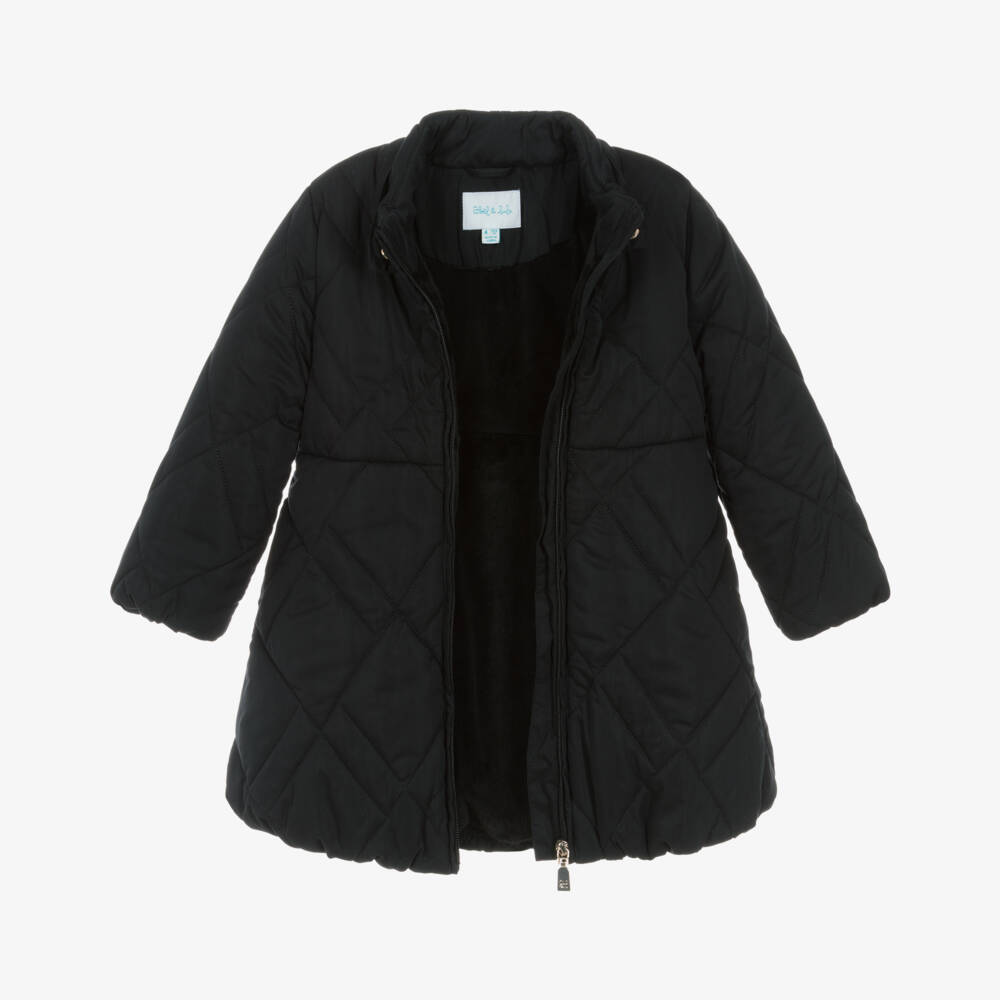 Abel & Lula-Girls Black Quilted Coat with Belt Bag | Childrensalon