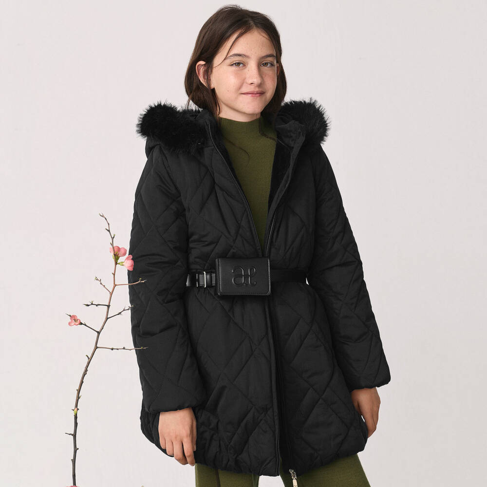 Abel & Lula-Girls Black Quilted Coat with Belt Bag | Childrensalon