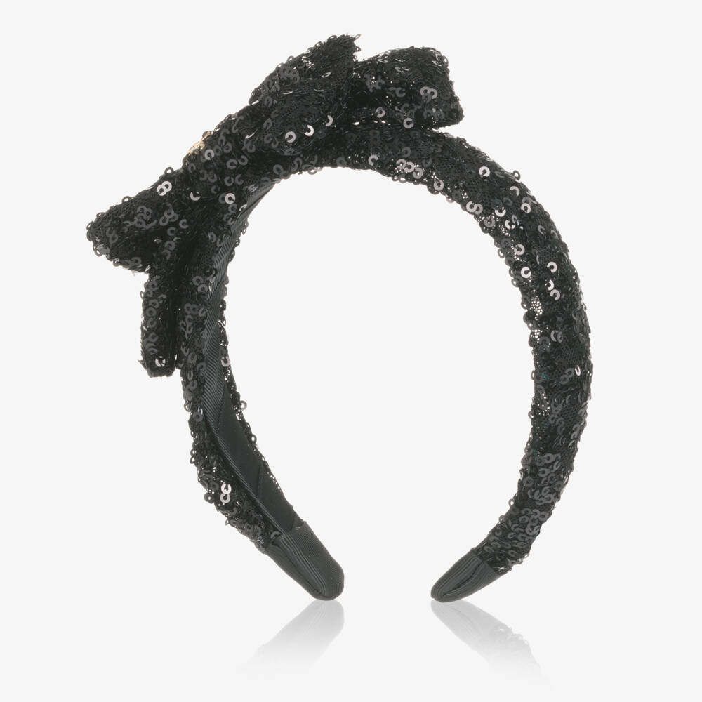 Abel & Lula-Girls Black Sequinned Tulle Bow Hairband with Logo Charm | Childrensalon