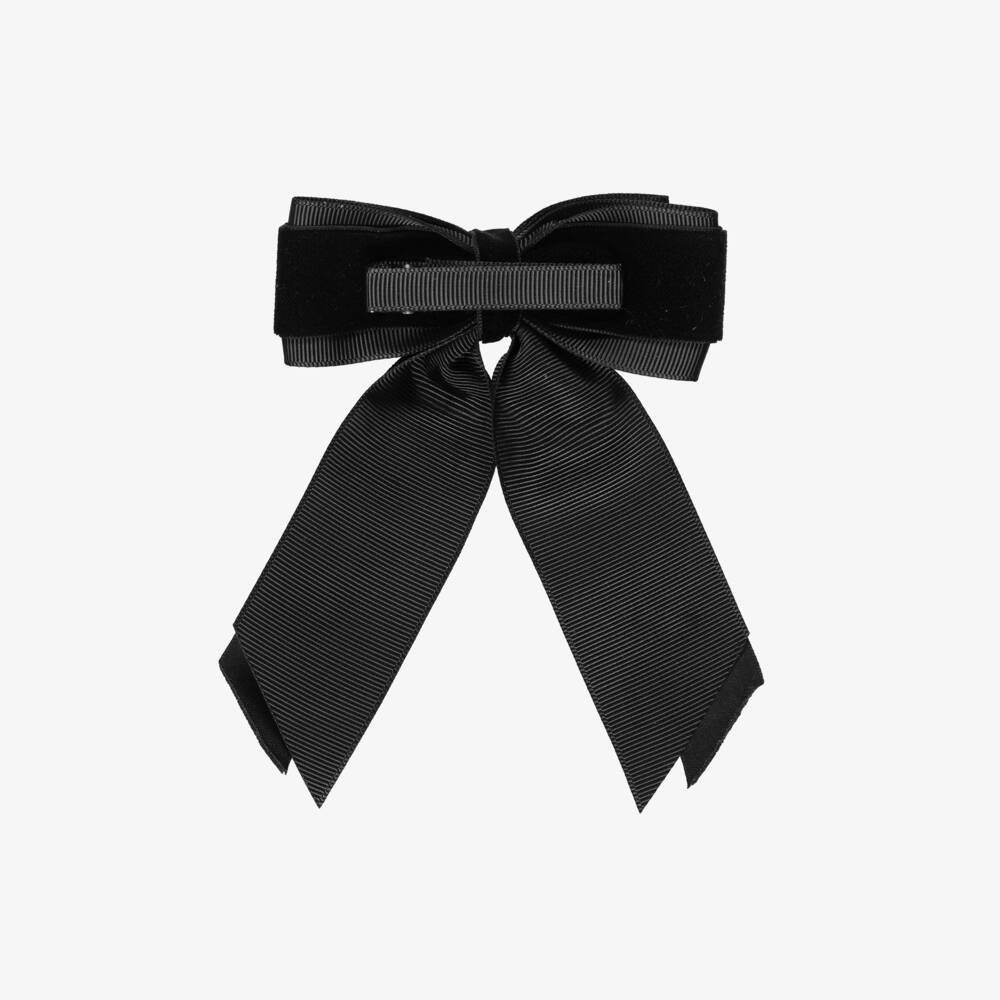 Abel & Lula-Girls Black Velvet & Grosgrain Bow Clip (10cm) | Childrensalon