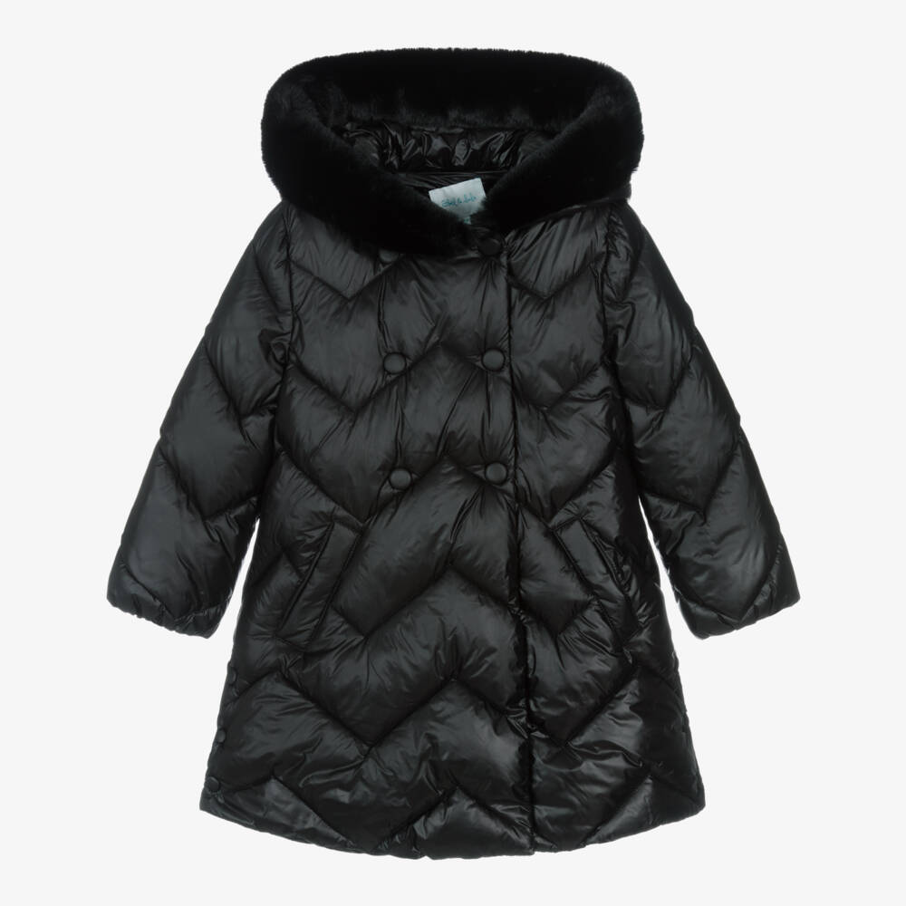 Abel & Lula-Girls Black Zig-Zag Quilted Puffer Coat | Childrensalon