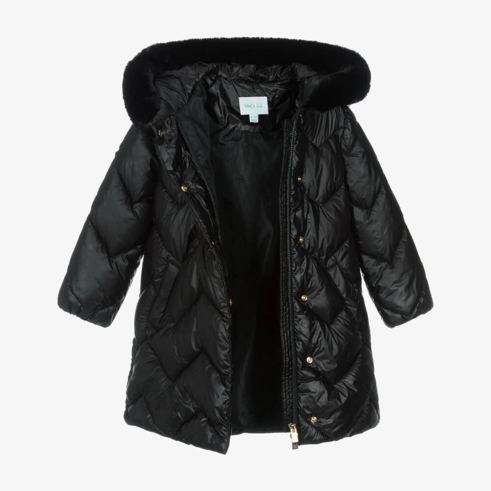Abel & Lula-Girls Black Zig-Zag Quilted Puffer Coat | Childrensalon