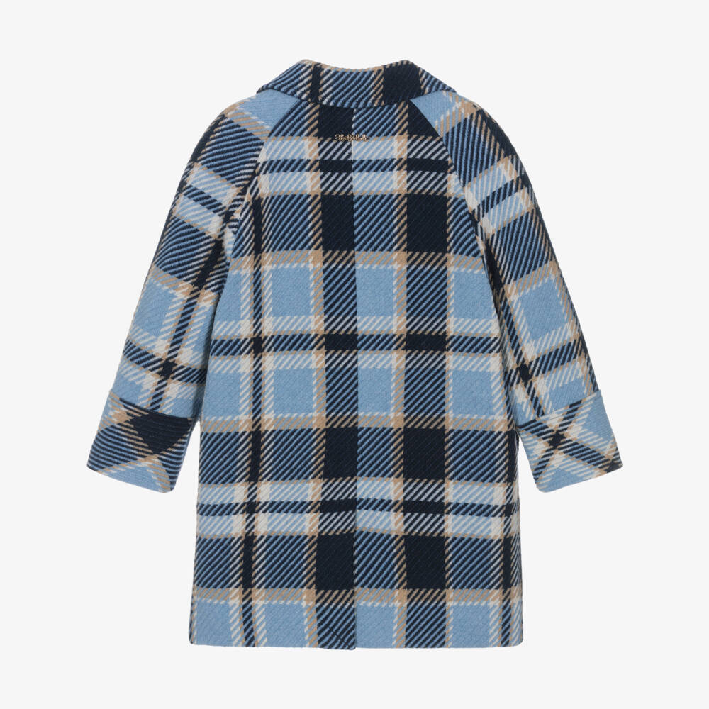 Abel & Lula-Girls Blue & Beige Check Doubled Breasted Coat | Childrensalon
