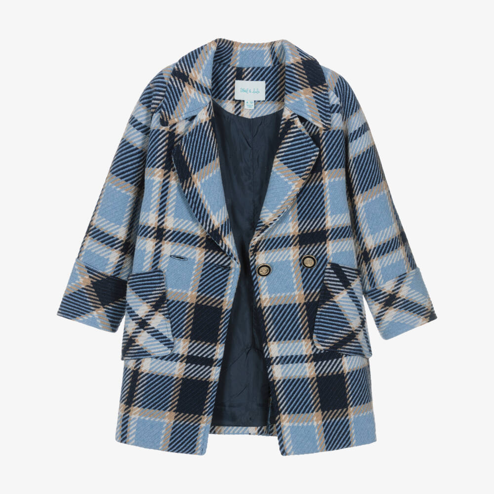 Abel & Lula-Girls Blue & Beige Check Doubled Breasted Coat | Childrensalon