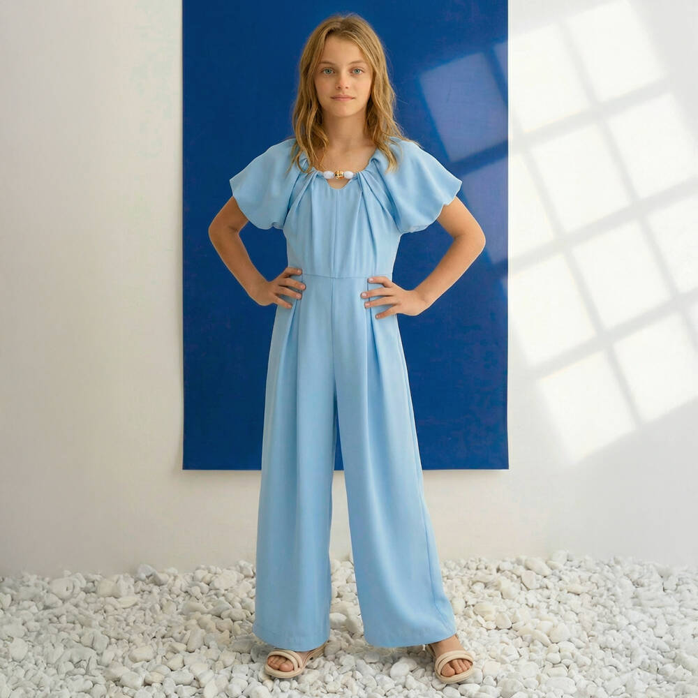 Abel & Lula-Girls Blue Crêpe Jumpsuit | Childrensalon