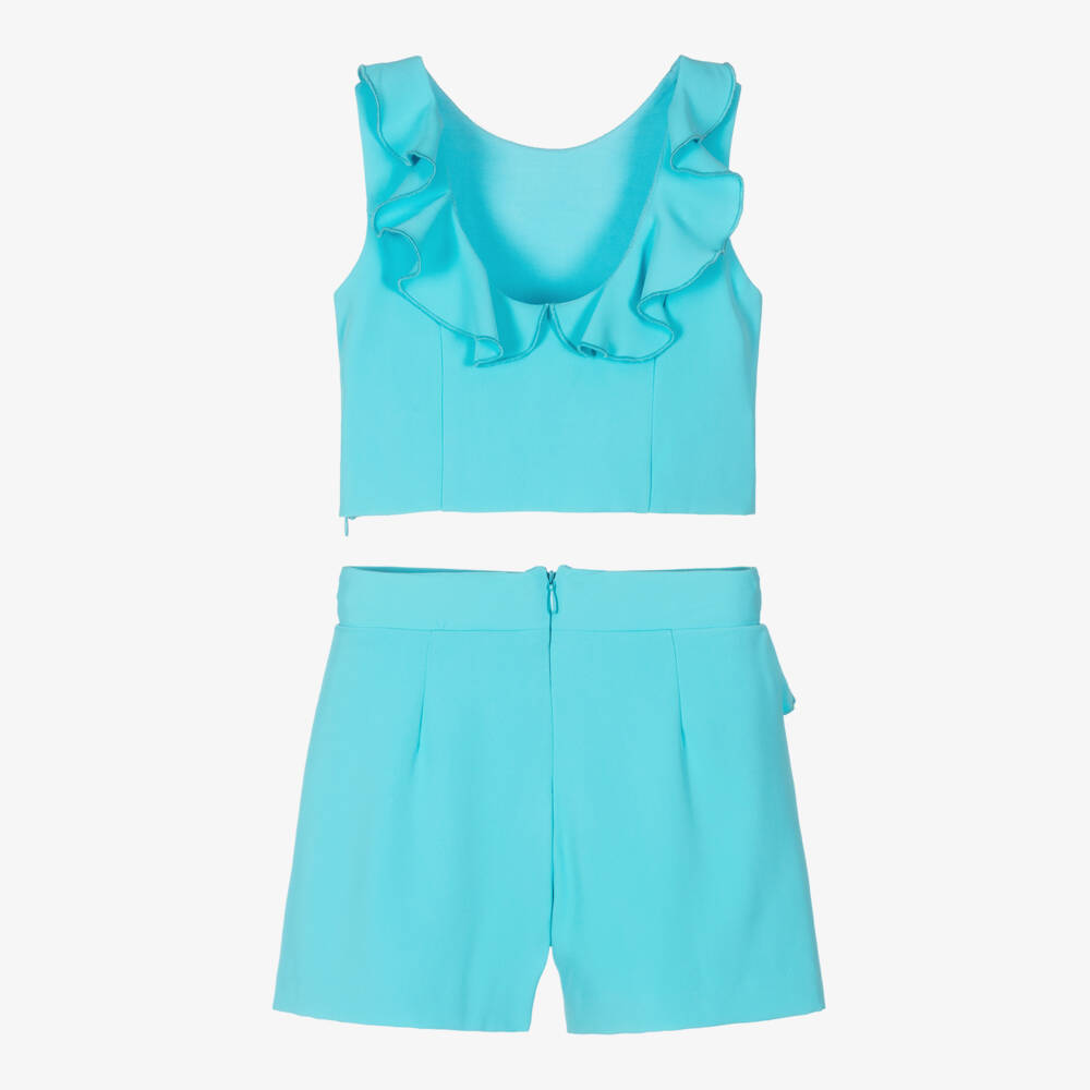 Abel & Lula-Girls Blue Crêpe Ruffle Shorts Set | Childrensalon