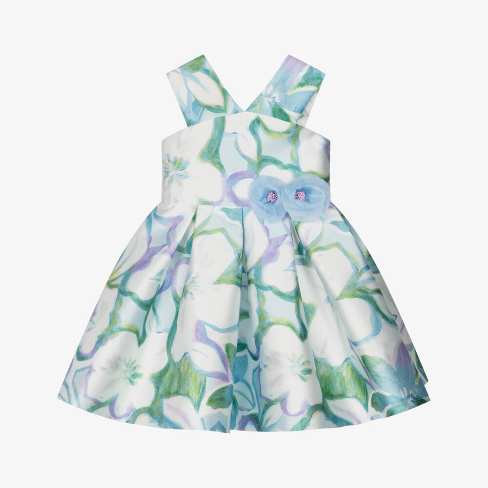 Abel & Lula-Girls Blue & Green Floral Satin Dress | Childrensalon