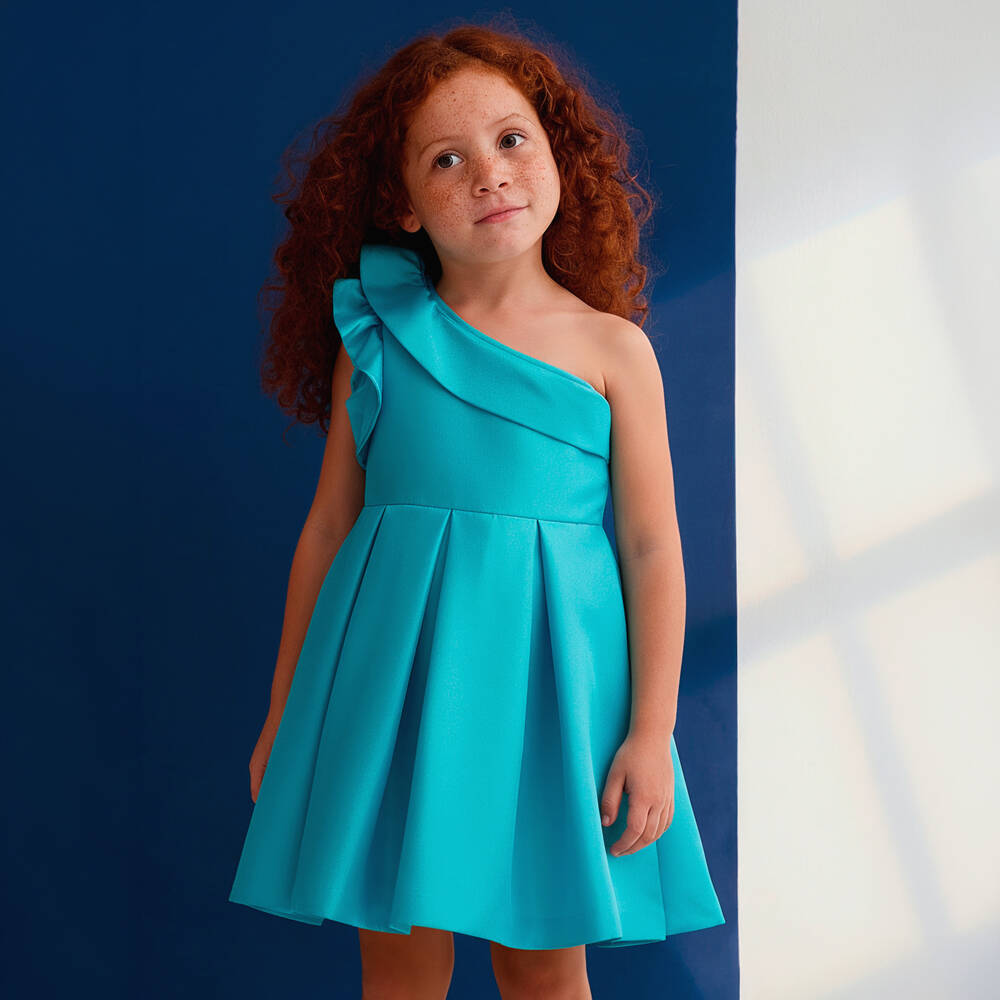 Abel & Lula-Girls Blue One-Shoulder Satin Dress | Childrensalon