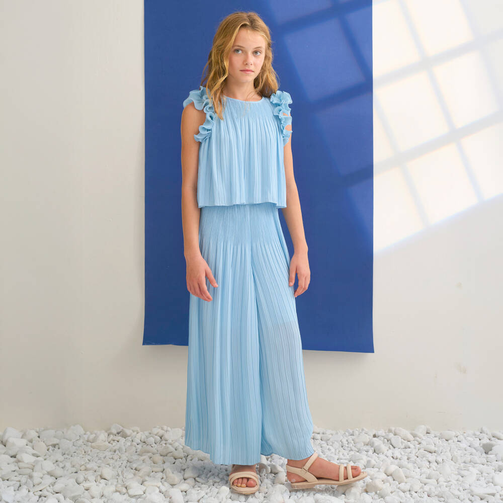 Abel & Lula-Girls Blue Pleated Crêpe Chiffon Trouser Set | Childrensalon